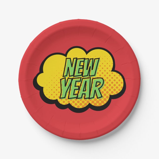 Retro Comic Book Style New Year Paper Plates (Front)