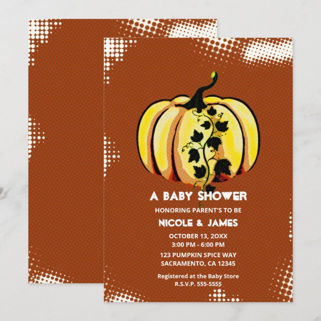 Retro Comic Book Style Pumpkin Fall Baby Shower Invitation (Front/Back)