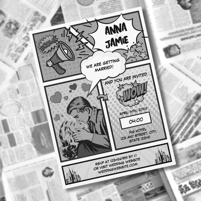 Retro Comic Book Superhero Black & White Wedding Invitation (retro vintage black and white comic book wedding invitation)