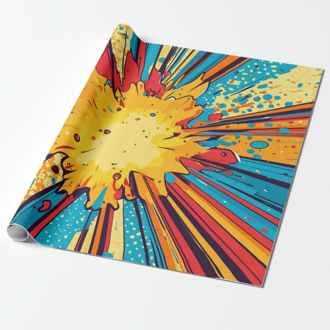 Retro Comic Book Yellow Explosion Pop Art Wrapping Paper (Unrolled)