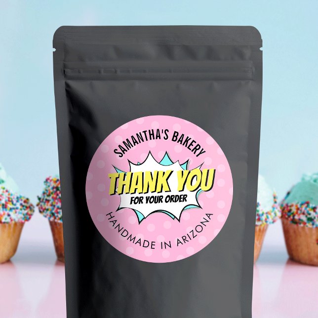 Retro Comic Fun Pink Bakery Thank You For Order Classic Round Sticker (Add the finishing touch to your products & packages with these retro Business Thank You Stickers)