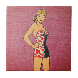 Retro Comic Heart Swimsuit Pinup Ceramic Tile