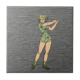Retro Comic Lady Golfer Ceramic Tile