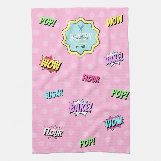 Retro Comic Pink Pop Art Fun Baking Pastry Chef Kitchen Towel (Vertical)