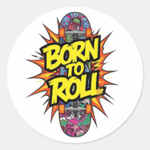Retro Comic Style "Born to Roll" Skater Classic Round Sticker