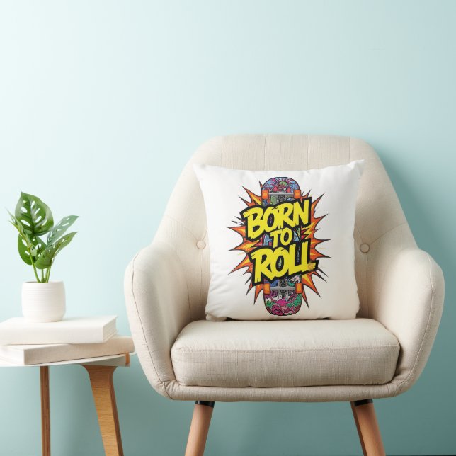 Retro Comic Style "Born to Roll" Skater Throw Pillow (Chair)