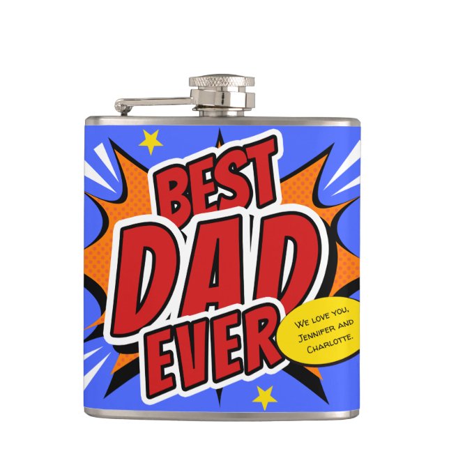 Retro Comic Superhero Best Dad Ever Flask (Front)