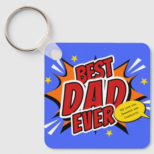 Retro Comic Superhero Best Dad Ever Keychain (Front)
