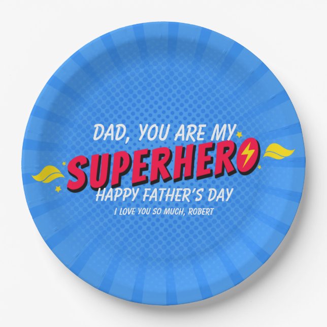 Retro Comic Superhero Father's Day Party Paper Plates (Front)