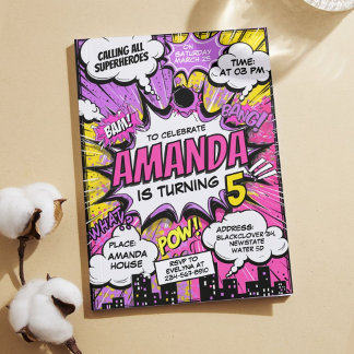 Retro Comic Superheroes Girl Birthday Party Invitation