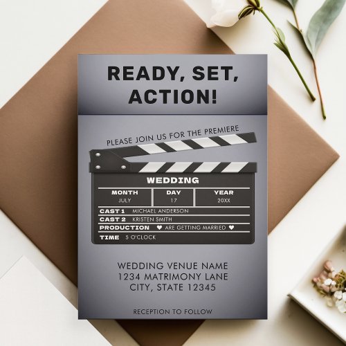 Retro Coming Soon Movie Film Clap Board Wedding Invitation
