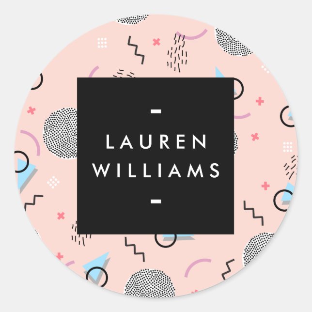 Retro Confetti Memphis Pattern Pink Personalized Classic Round Sticker (Front)