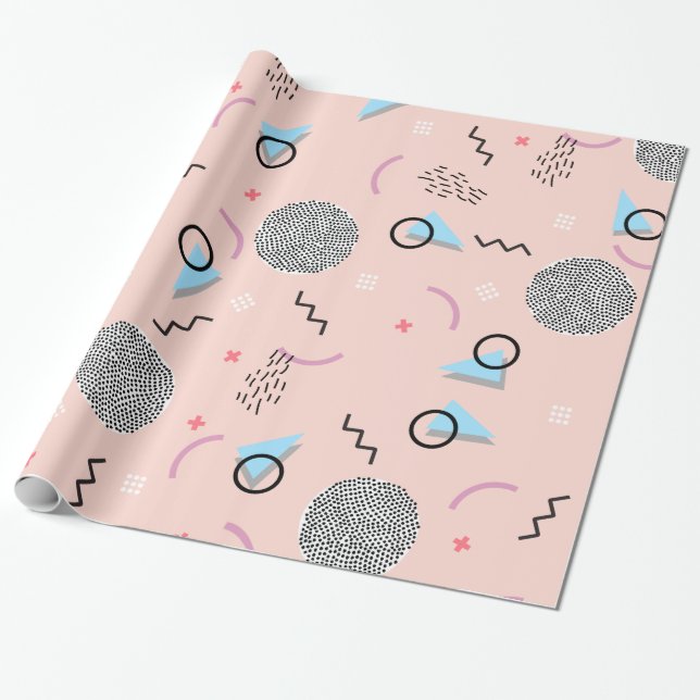 Retro Confetti Memphis Pattern Pink Wrapping Paper (Unrolled)