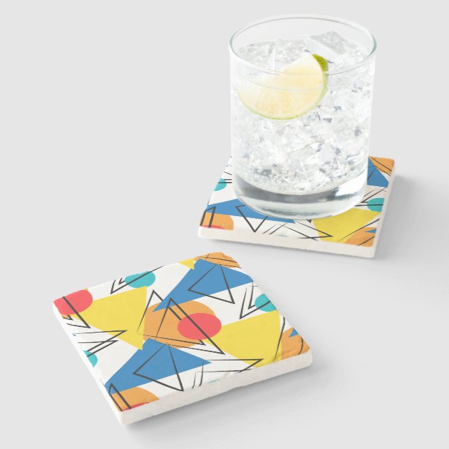 Retro Contemporary Geometric Colorful Pattern Stone Coaster (Side)