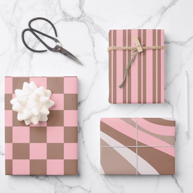 Retro Contemporary Mocha Brown and Pink Patterns Wrapping Paper Sheets (Front)