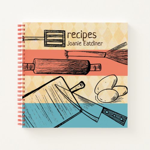 Retro cooking utensil personalized recipe cookbook notebook