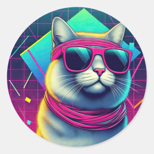 Retro Cool Cat Classic Round Sticker