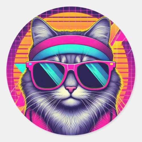 Retro Cool Cat Classic Round Sticker