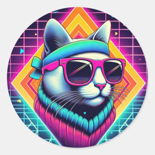 Retro Cool Cat Classic Round Sticker