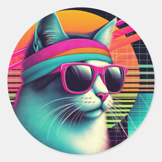 Retro Cool Cat Classic Round Sticker (Front)