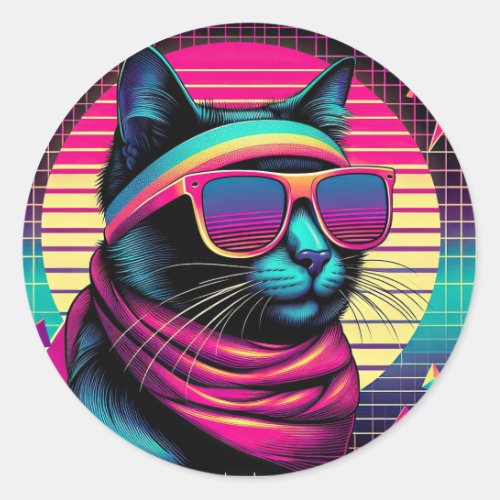 Retro Cool Cat Classic Round Sticker