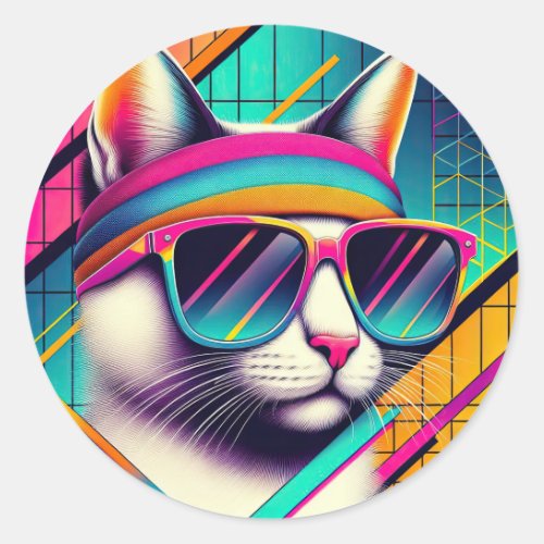 Retro Cool Cat Classic Round Sticker