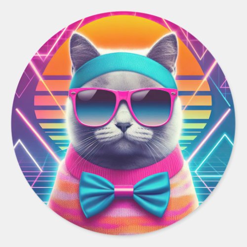 Retro Cool Cat Classic Round Sticker