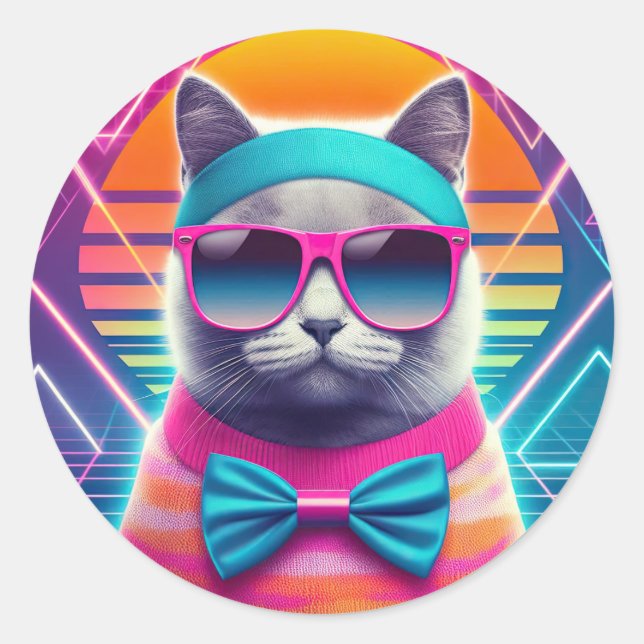 Retro Cool Cat Classic Round Sticker (Front)