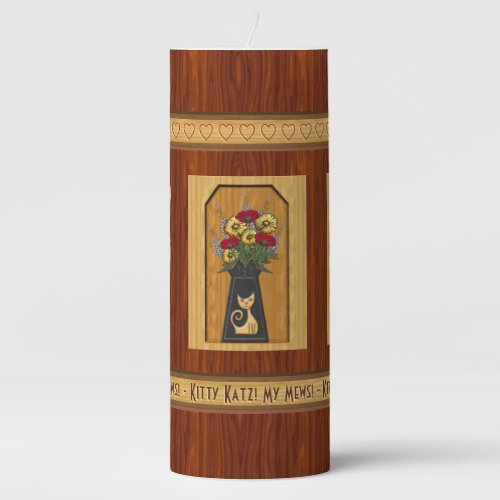 Retro Cool Cat Vase Wood and Mums Personalized Pillar Candle