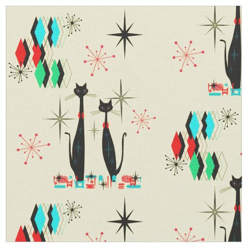 Retro Cool Cats & Starbursts Mid Century Modern  Fabric