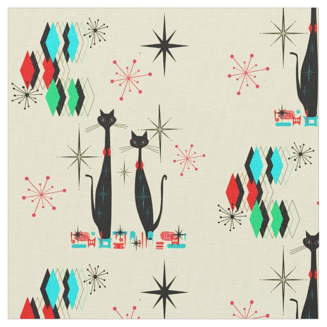 Retro Cool Cats & Starbursts Mid Century Modern  Fabric (Close Up)