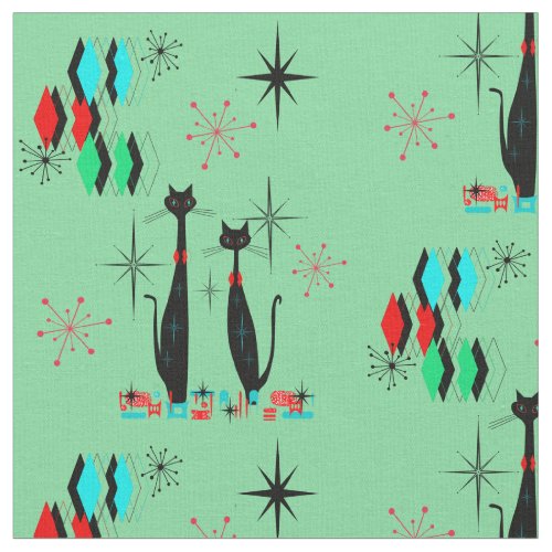 Retro Cool Cats  Starbursts Mid Century Modern Fabric