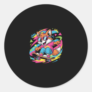 Retro Cool Fox Skateboarder Funky Vintage Skater A Classic Round Sticker