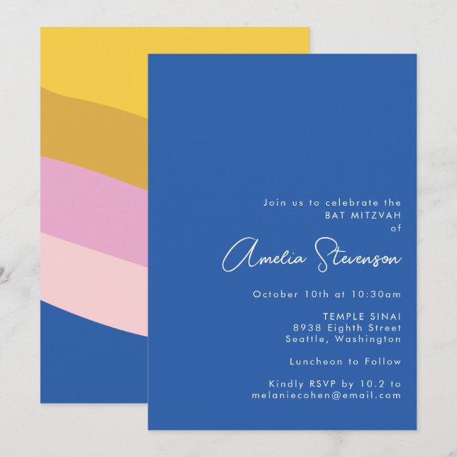Retro Cool Modern Stripes Blue Yellow Bat Mitzvah Invitation (Front/Back)