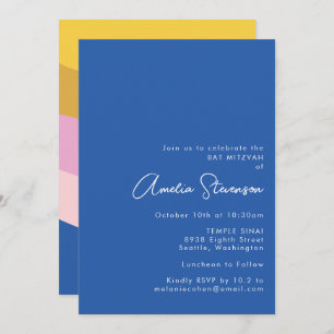 Retro Cool Modern Stripes Blue Yellow Bat Mitzvah Invitation