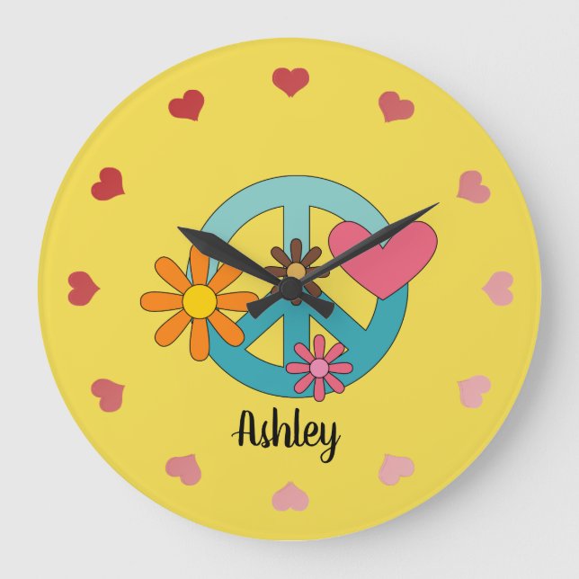 Retro Cool Peace Sign Personalized Large Clock (Front)