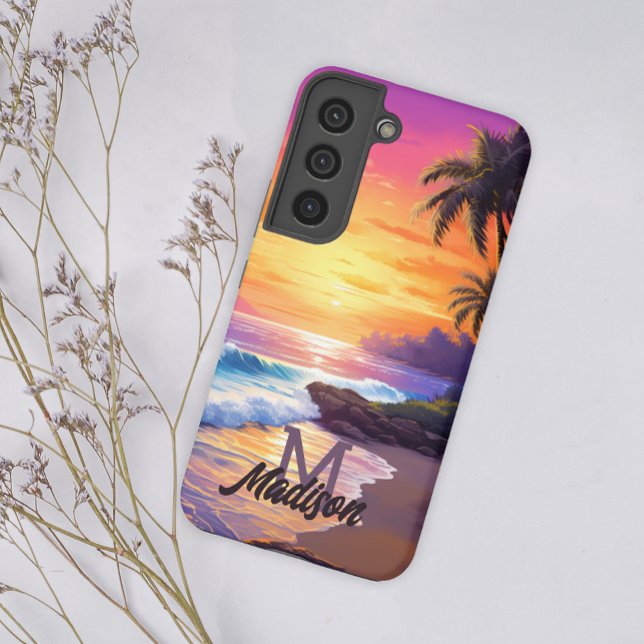 Retro Cool Tropical Beach Sunset Monogram Add Name Samsung Galaxy Case (Creator Uploaded)