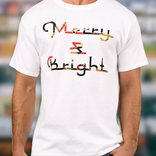Retro Cool Typography Merry & Bright Christmas T-Shirt (A men's Christmas t-shirt with 'Merry & Bright' words in a colorful retro style)