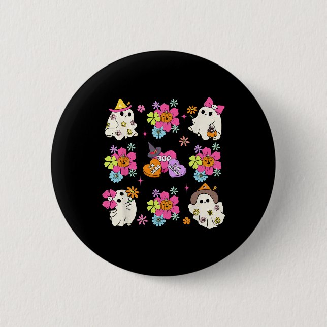 Retro Coquette Boo Ghost Bow Pumpkin Flowers Hallo Button (Front)