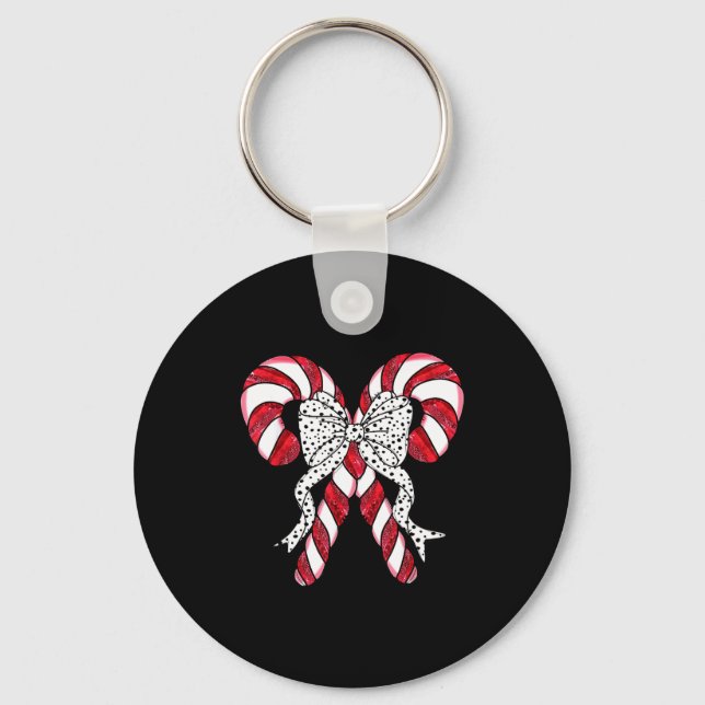 Retro Coquette Bow Candy Cane Christmas Season Wom Keychain (Front)