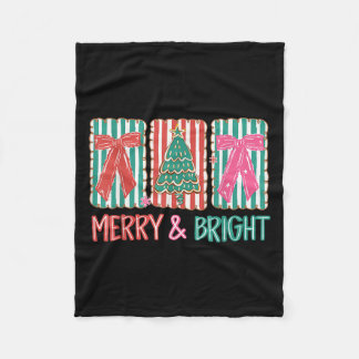 Retro Coquette Bow Merry And Bright Christmas Tree Fleece Blanket