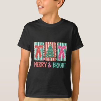 Retro Coquette Bow Merry And Bright Christmas Tree T-Shirt