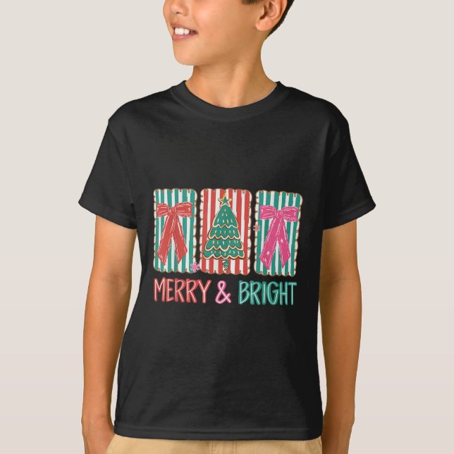 Retro Coquette Bow Merry And Bright Christmas Tree T-Shirt (Front)