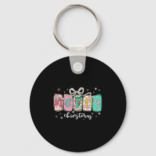 Retro Coquette Bow Merry Christmas Holiday Funny F Keychain