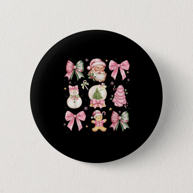 Retro Coquette Bow Nk Christmas Tree Snowman Xmas  Button (Front)