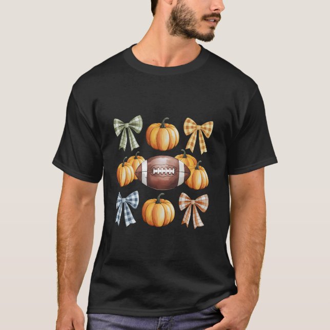 Retro Coquette Bow Pumpkin American Football Thank T-Shirt (Front)