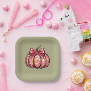 Retro Coquette Bow Pumpkin Fall Vibes Season Paper Plates