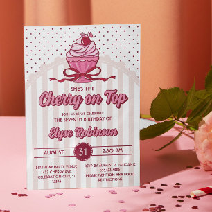Retro Coquette Cherry on Top Girl Birthday Party Invitation