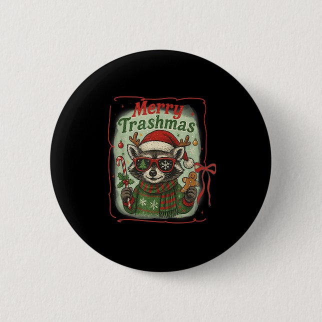 Retro Coquette Merry Trashmas Raccoon Christmas Cu Button (Front)