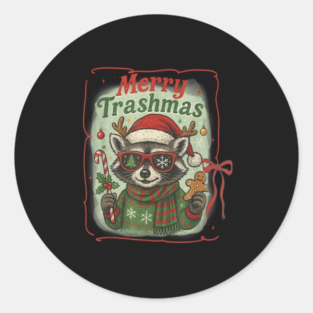 Retro Coquette Merry Trashmas Raccoon Christmas Cu Classic Round Sticker (Front)